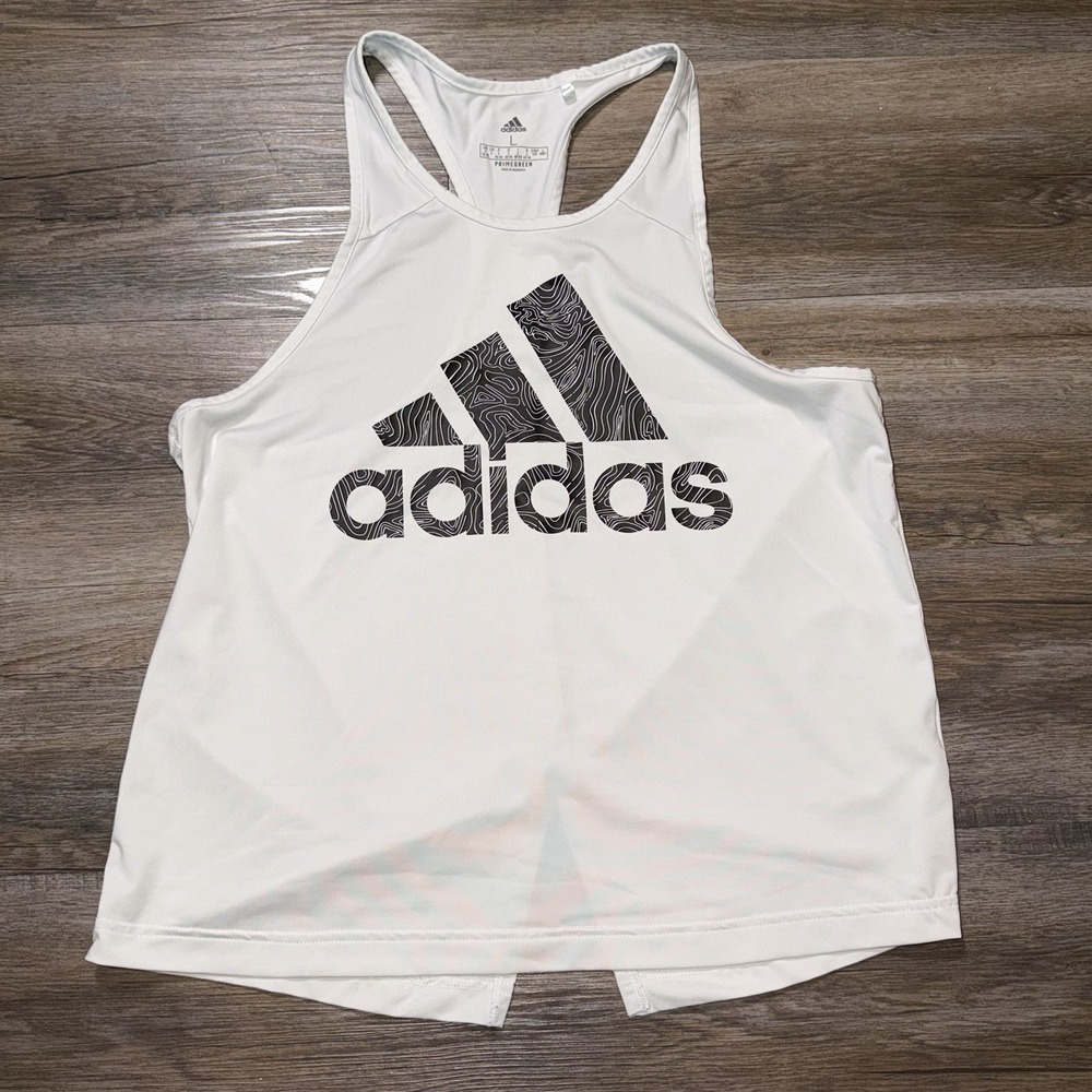 Adidas White Racerback Tank Top Womens Large Split On Lower Back Big Logo